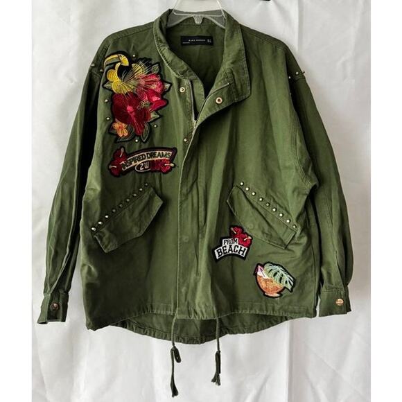 Zara Woman Green Embroidered Utility Jacket Tropical Patch Studded Oversized M - Picture 13 of 16